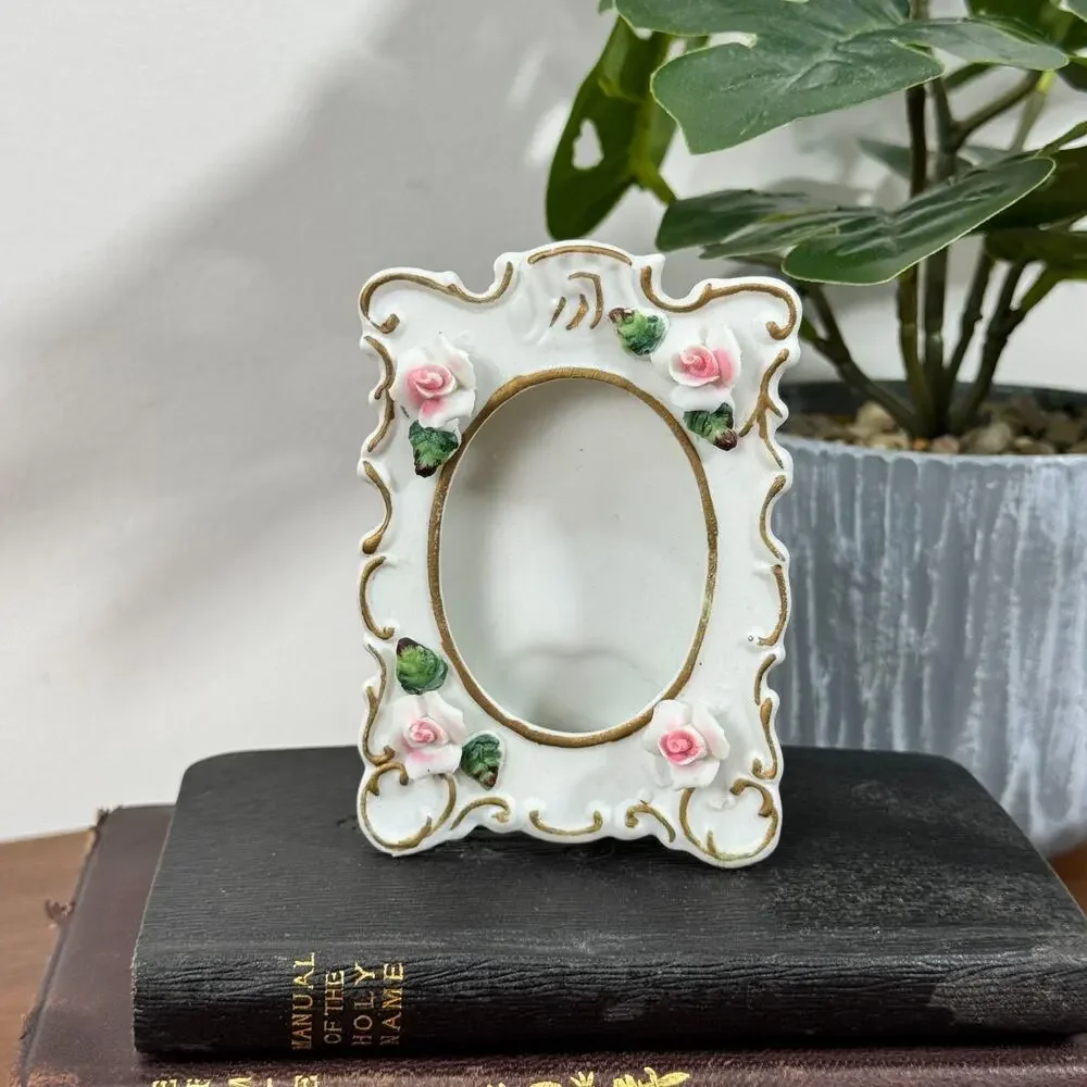 Vintage Lefton Porcelain Small Picture Frame White With Pink Raised Flowers